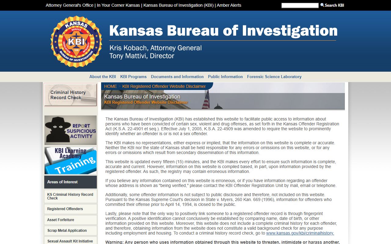 Barber County arrest records KBI registered offender disclaimer