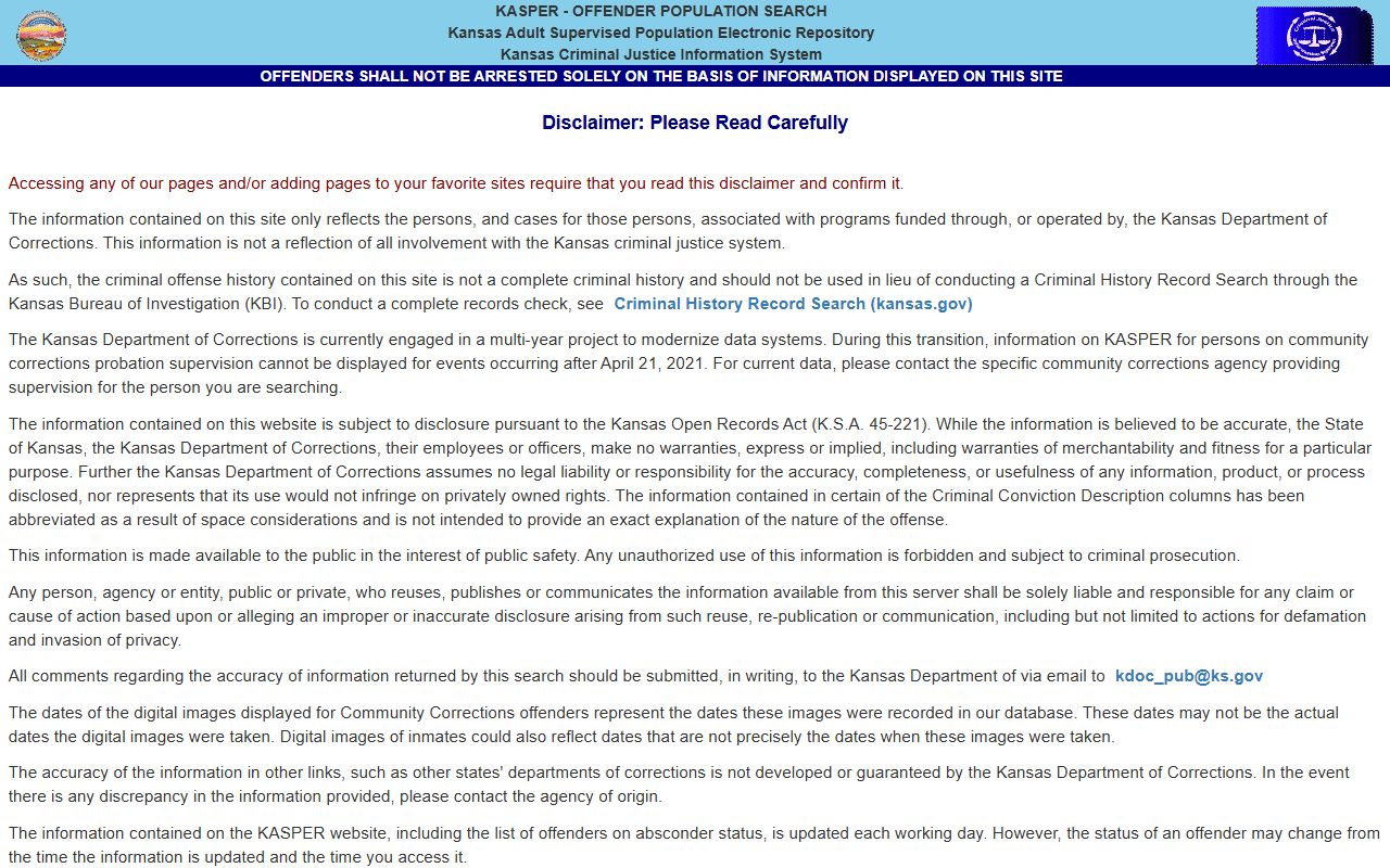 Barber County arrest records KASPER disclaimer