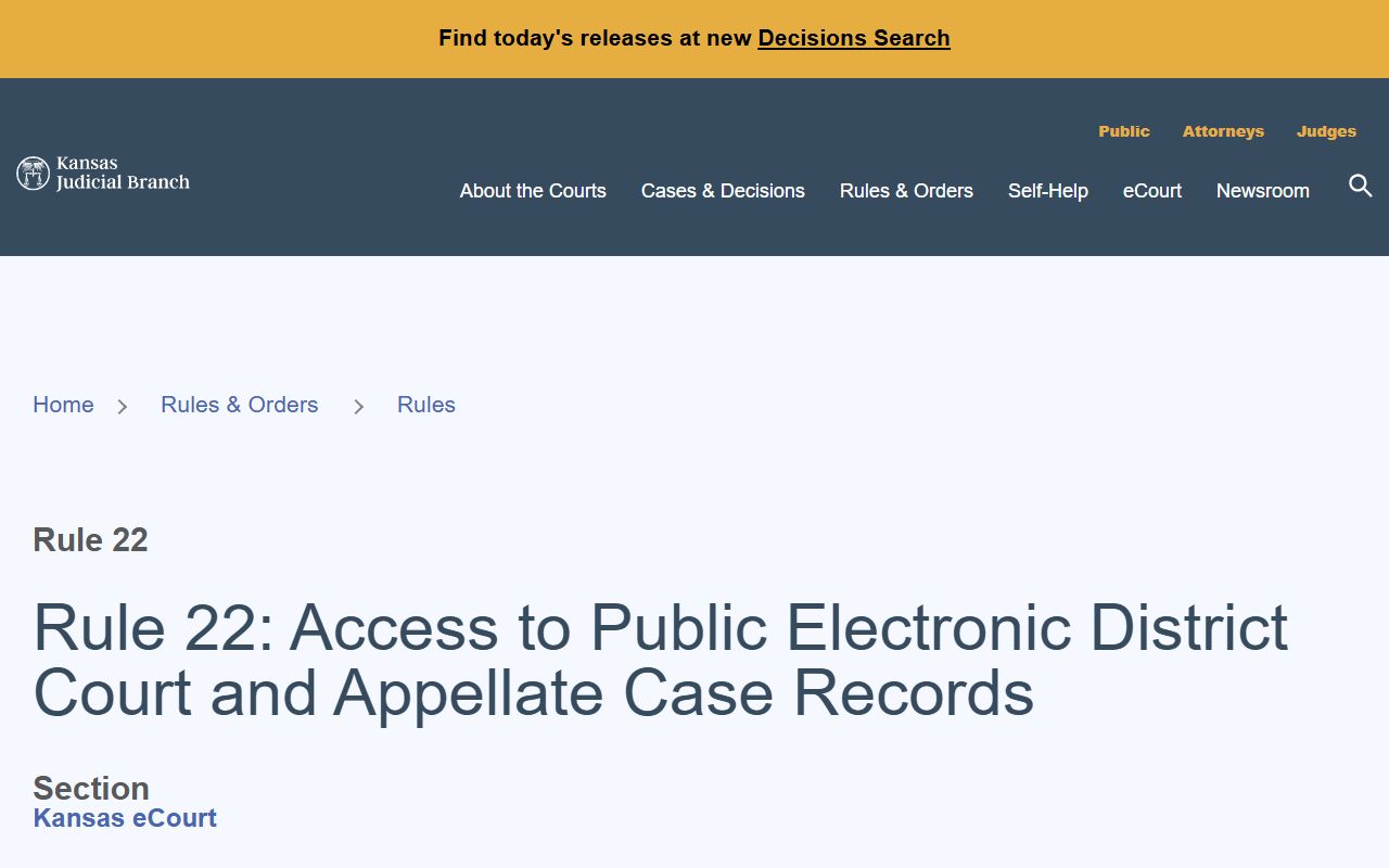 Barber County District Court electronic case record access under Kansas Rule 22