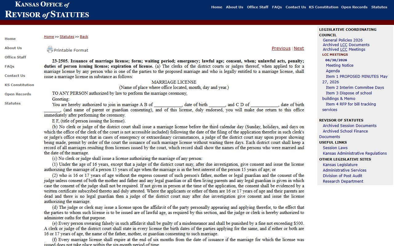 Barber County marriage records statute for Kansas marriage license issuance
