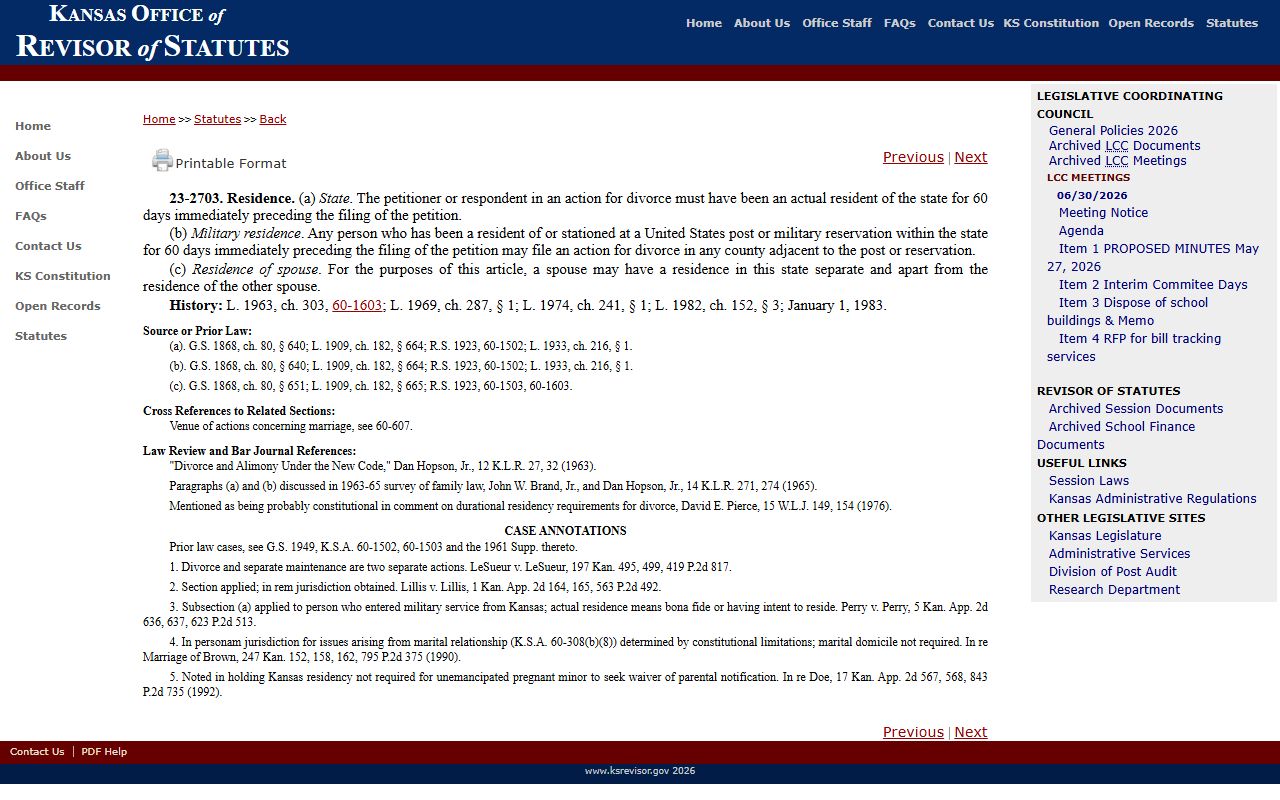 Barber County divorce records Kansas divorce residency statute