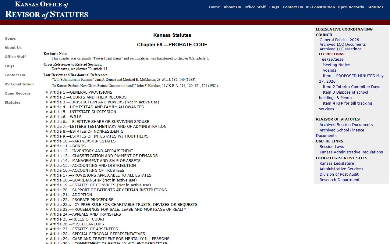 Barber County probate records Kansas Probate Code chapter index