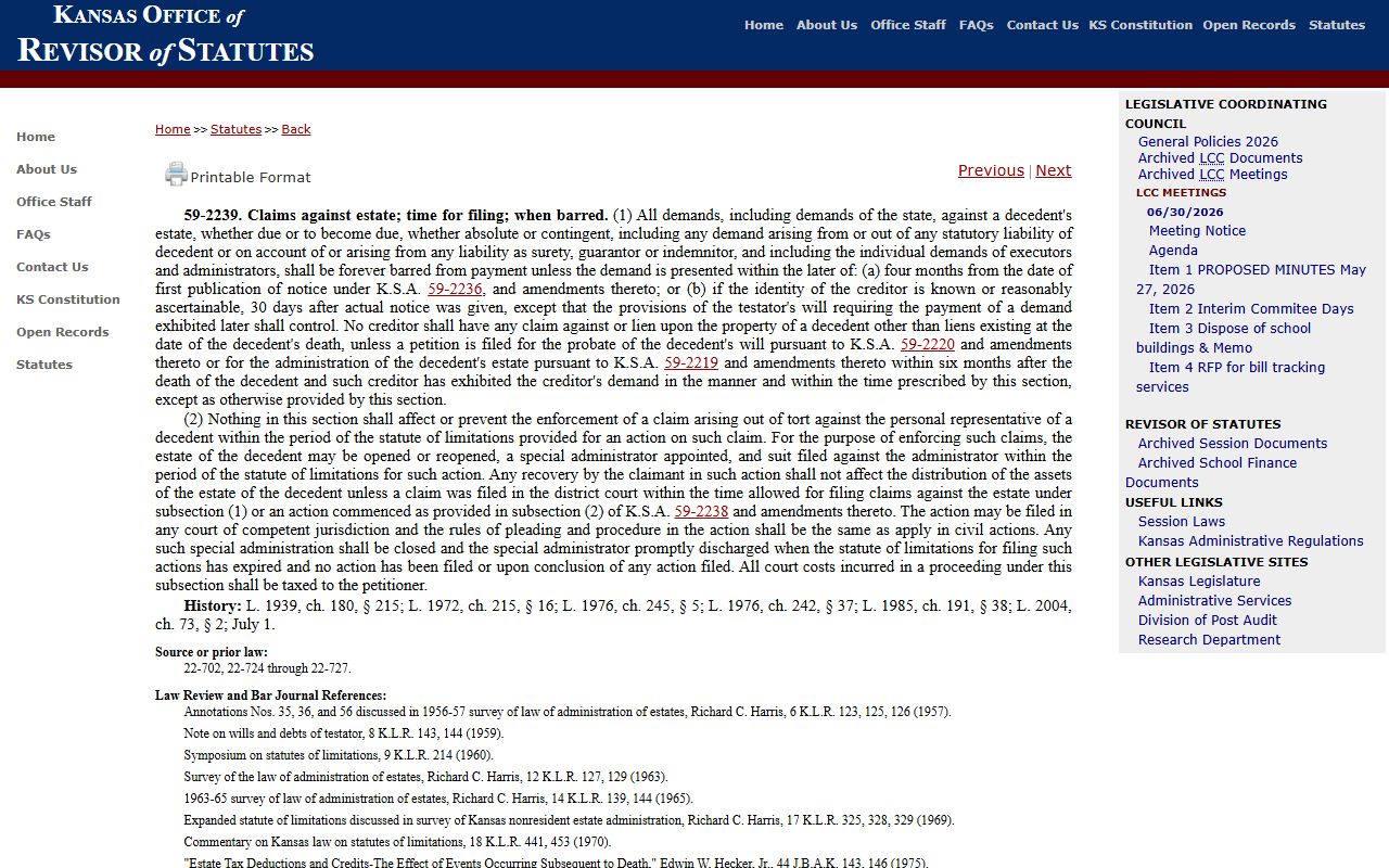 Barber County probate records Kansas probate claims statute