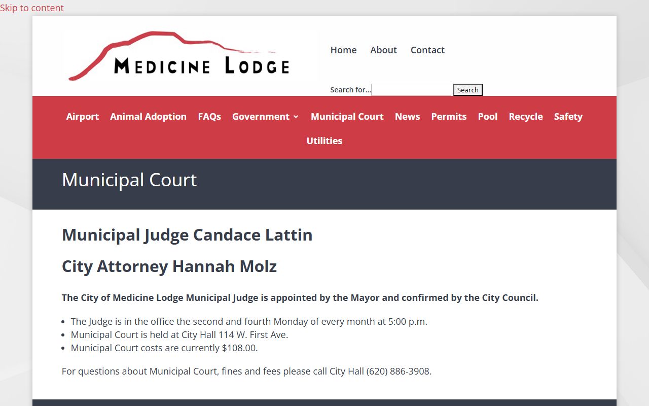 Barber County traffic court records Medicine Lodge Municipal Court page