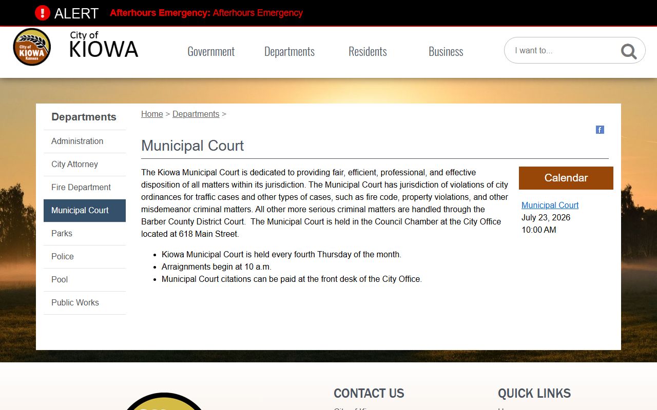 Barber County traffic court records Kiowa Municipal Court page